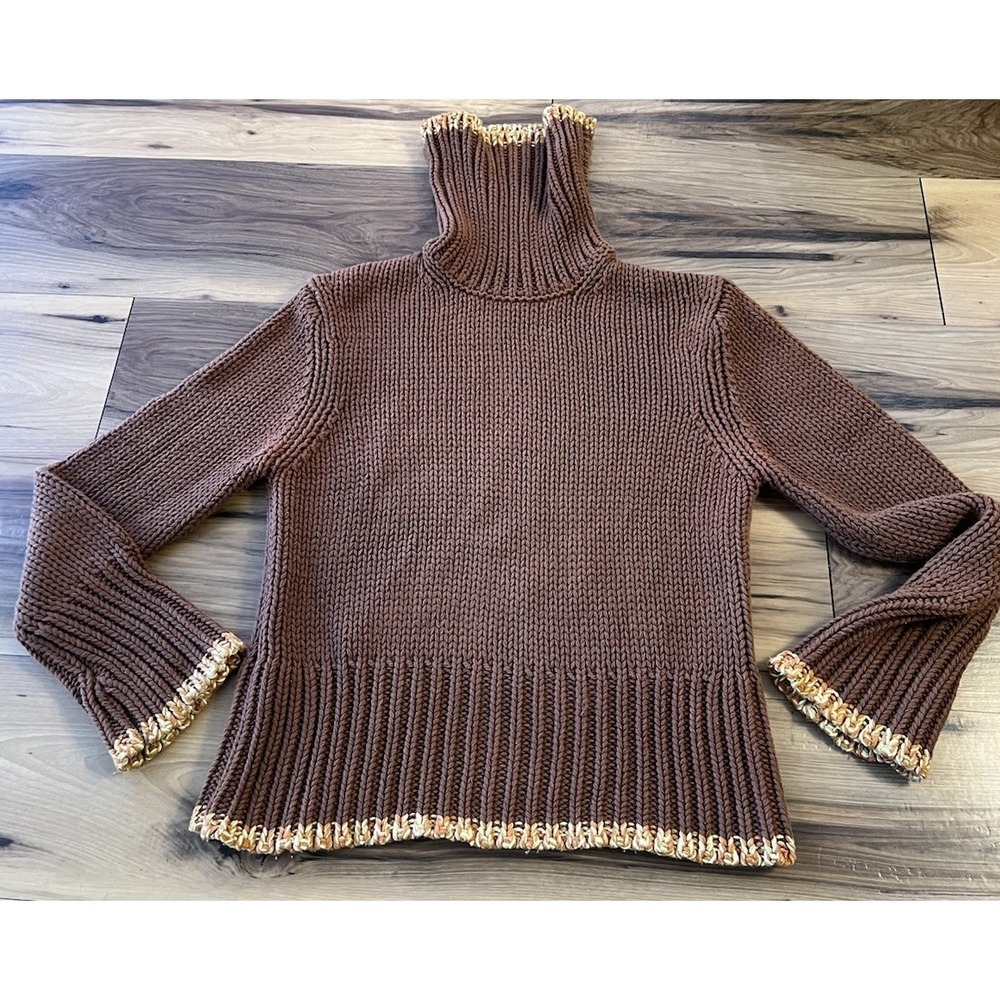 Mendocino Chunky Knit Turtleneck Sweater Brown Contrast Trim Bell Sleeve L